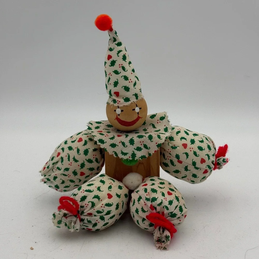 Vintage Wooden Block Christmas Clown Figurine Holly Heart Print Handmade Decor